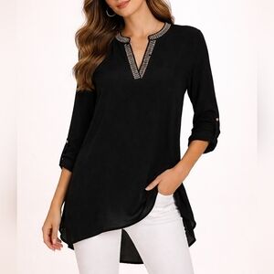 VALERIE STEVENS Blue Bedazzled Split Neck Assymetric Angled Hi-Low Blouse